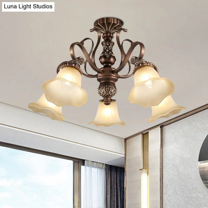 DecorBites™ Floral Shade Semi Flush Light with Opal Glass - Countryside Brown Close to Ceiling Lamp for Living Room (5/6/8 Lights)