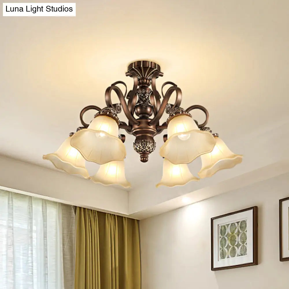 DecorBites™ Floral Shade Semi Flush Light with Opal Glass - Countryside Brown Close to Ceiling Lamp for Living Room (5/6/8 Lights)