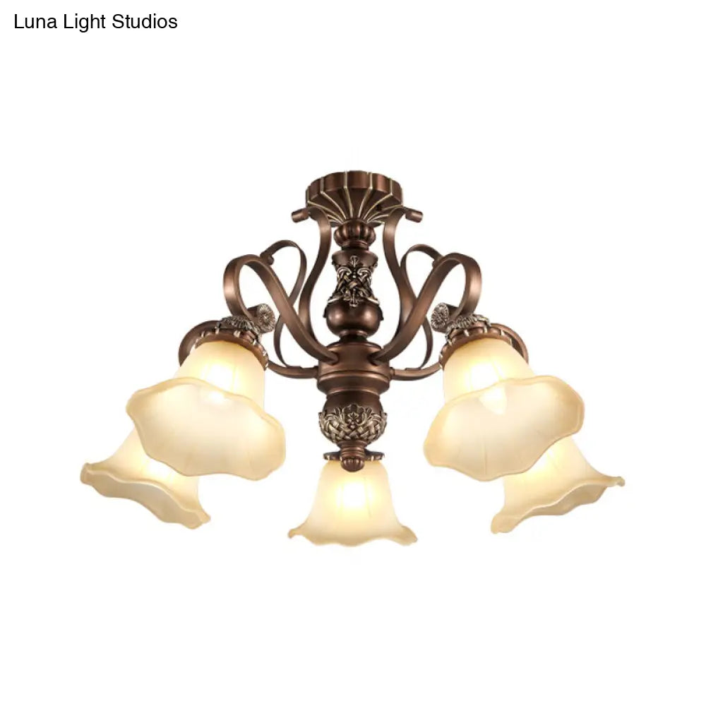 DecorBites™ Floral Shade Semi Flush Light with Opal Glass - Countryside Brown Close to Ceiling Lamp for Living Room (5/6/8 Lights)