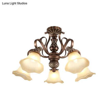 DecorBites™ Floral Shade Semi Flush Light with Opal Glass - Countryside Brown Close to Ceiling Lamp for Living Room (5/6/8 Lights)