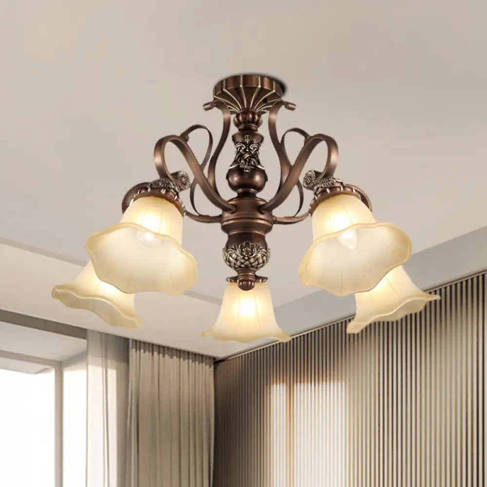 DecorBites™ Floral Shade Semi Flush Light with Opal Glass - Countryside Brown Close to Ceiling Lamp for Living Room (5/6/8 Lights)