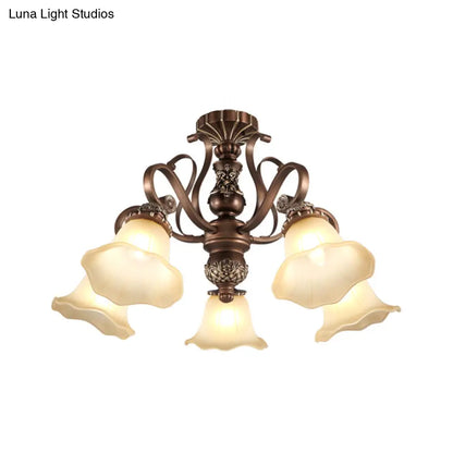 DecorBites™ Floral Shade Semi Flush Light with Opal Glass - Countryside Brown Close to Ceiling Lamp for Living Room (5/6/8 Lights)