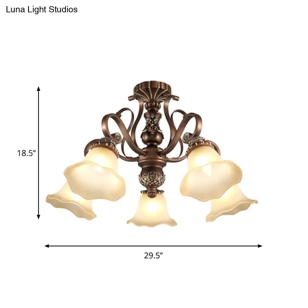 DecorBites™ Floral Shade Semi Flush Light with Opal Glass - Countryside Brown Close to Ceiling Lamp for Living Room (5/6/8 Lights)