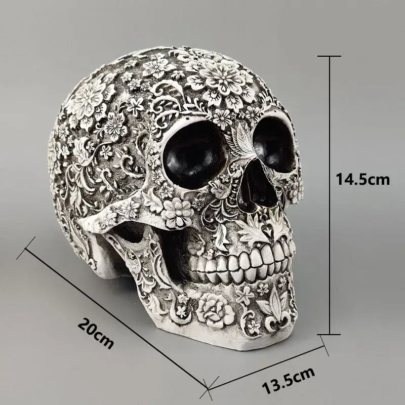 Floral silver carved skull figurine living room halloween decor