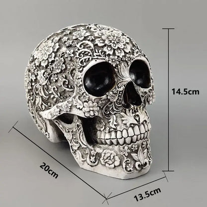 Floral silver carved skull figurine living room halloween decor
