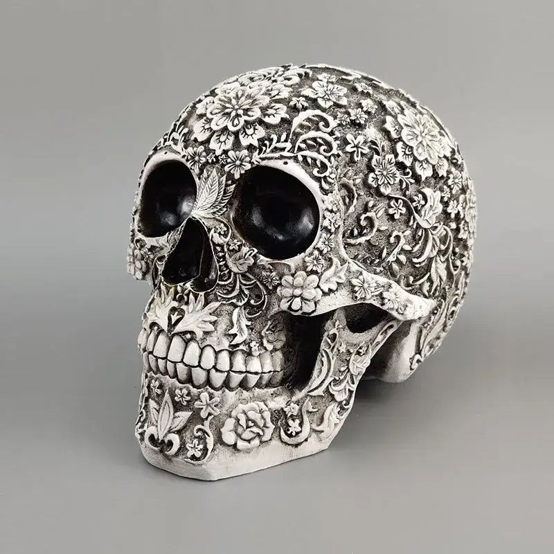 Floral silver carved skull figurine living room halloween decor