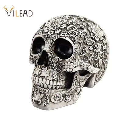 Floral silver carved skull figurine living room halloween decor