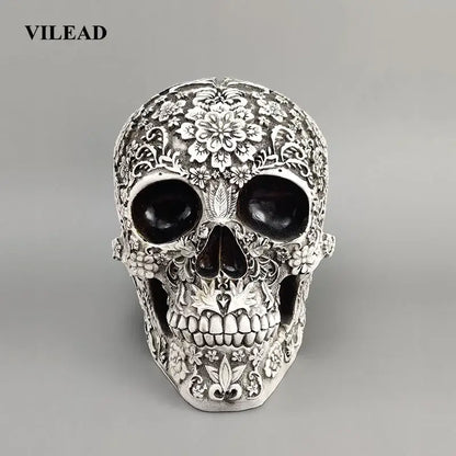 Floral silver carved skull figurine living room halloween decor