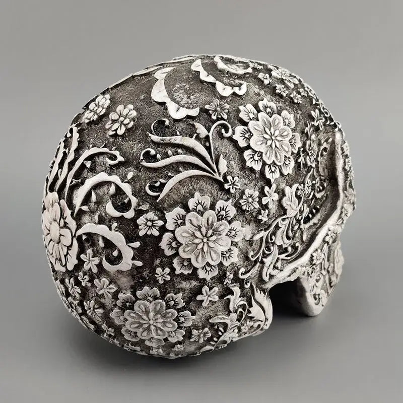 Floral silver carved skull figurine living room halloween decor