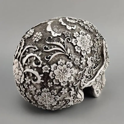 Floral silver carved skull figurine living room halloween decor