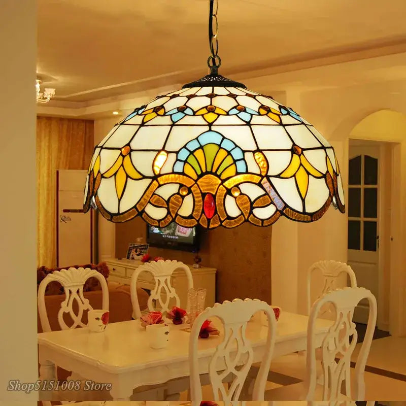 Floral stained glass baroque tiffany pendant light dining room