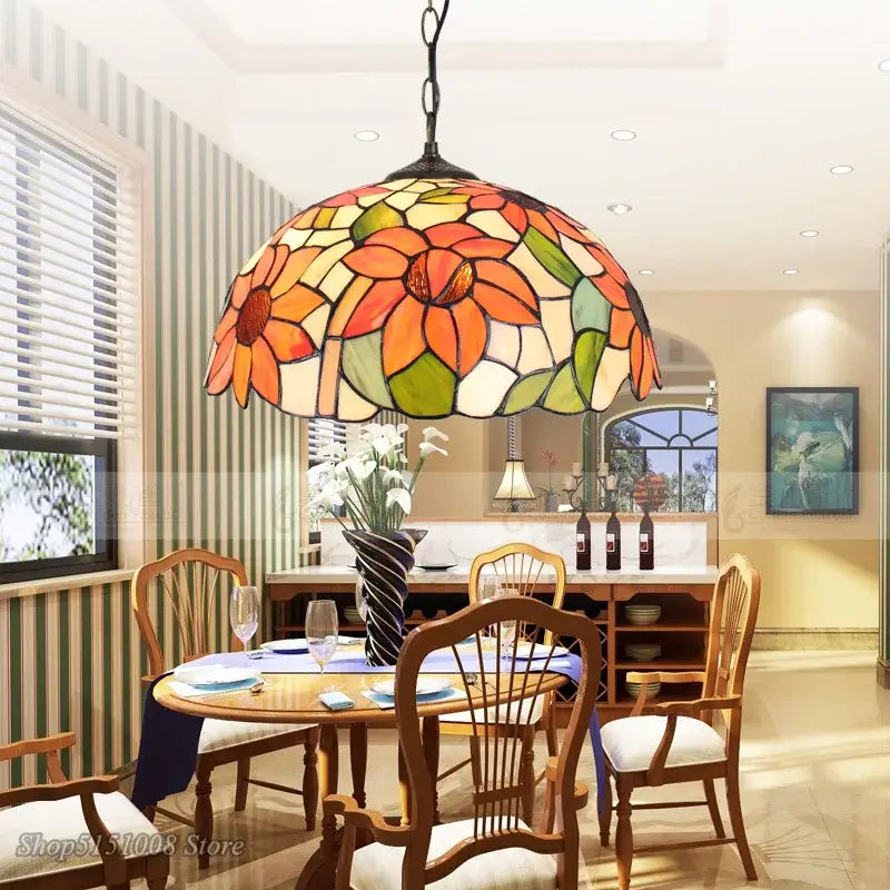 Floral stained glass baroque tiffany pendant light dining room