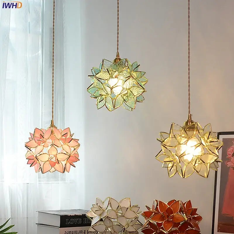 Floral stained glass copper led pendant lamp dining room hanging light