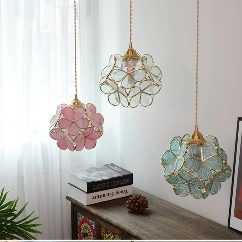 Floral stained glass pendant light dining room glass copper led fixture