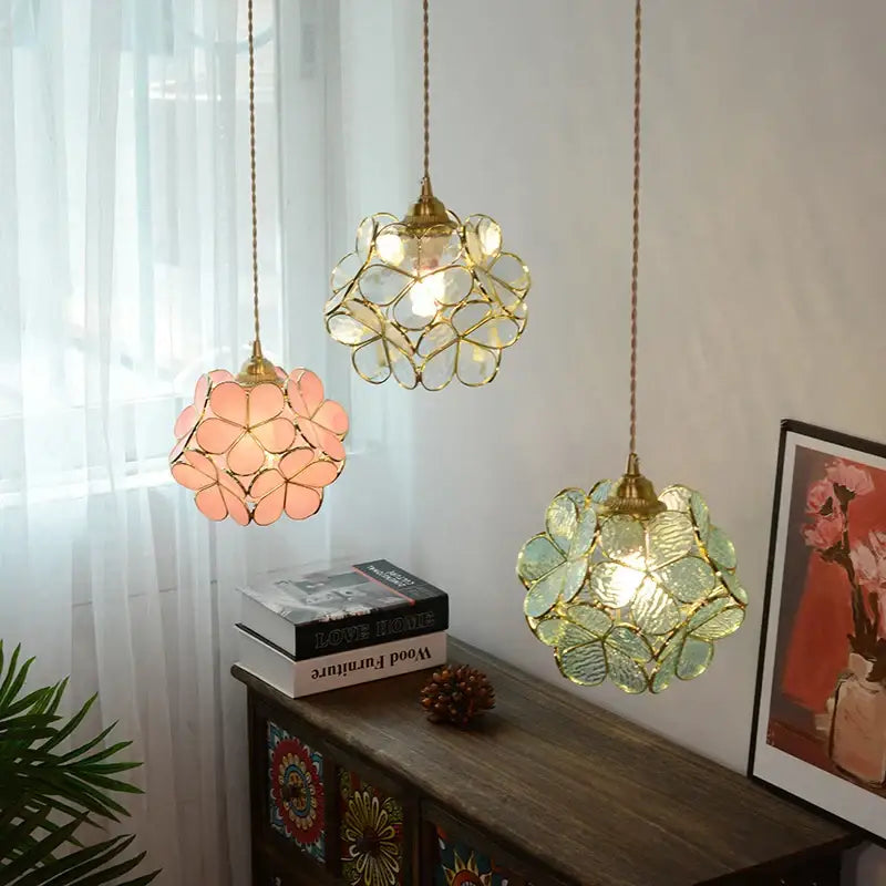 Floral stained glass pendant light dining room glass copper led fixture