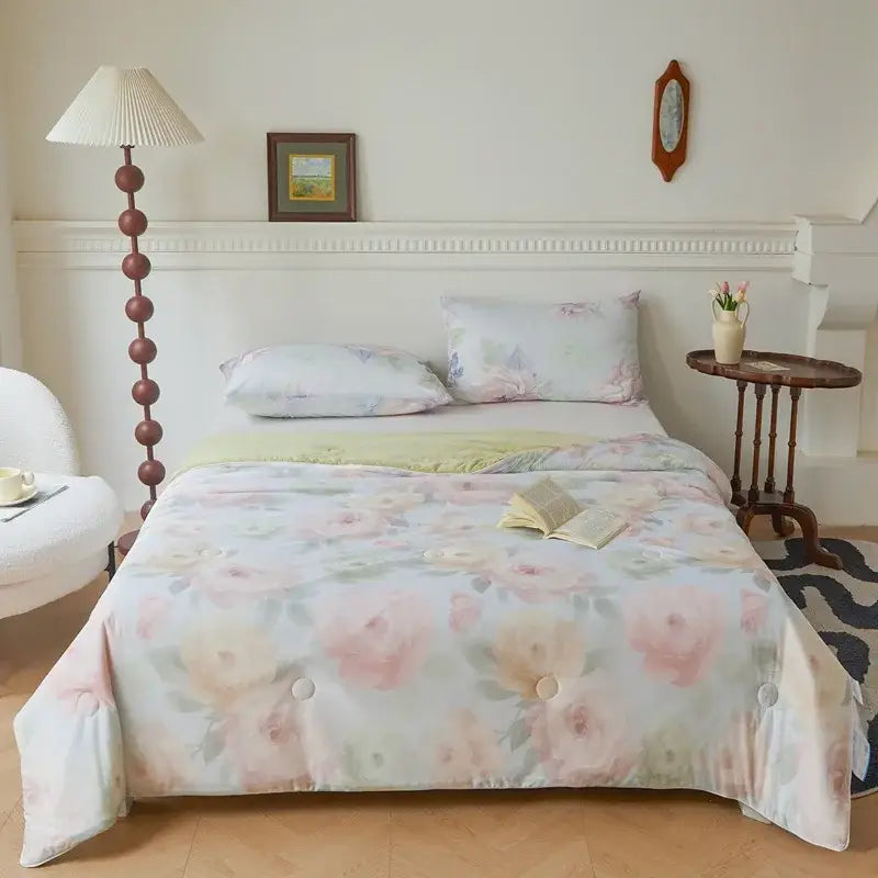 Floral teal & lavender knitted cotton print summer quilt bedroom blanket