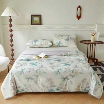 Floral teal & lavender knitted cotton print summer quilt bedroom blanket