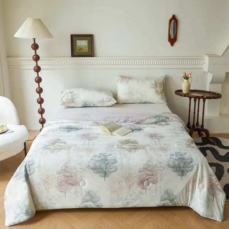 Floral teal & lavender knitted cotton print summer quilt bedroom blanket