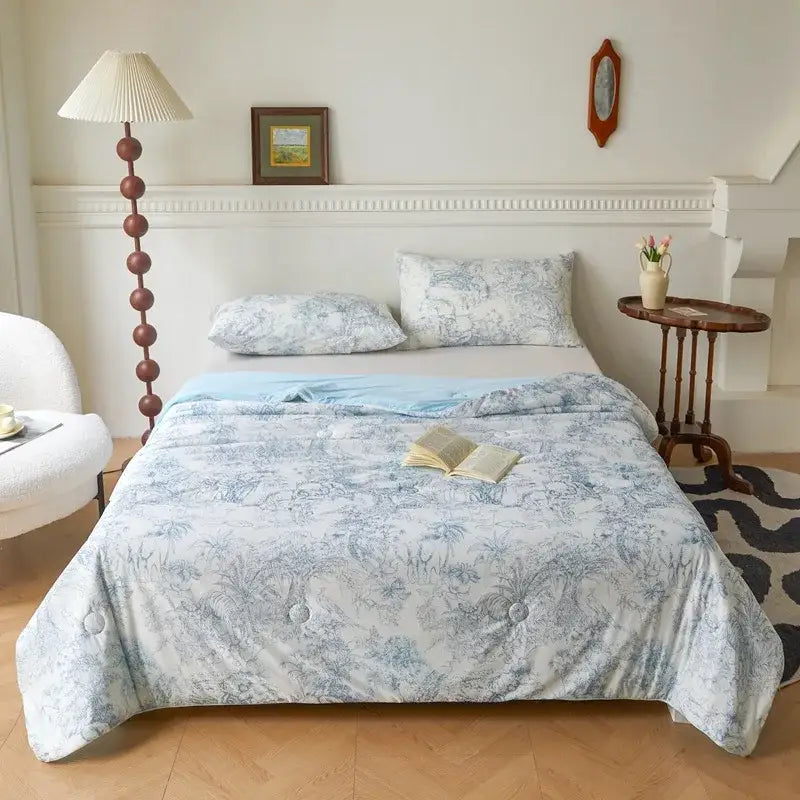 Floral teal & lavender knitted cotton print summer quilt bedroom blanket