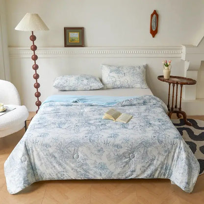 Floral teal & lavender knitted cotton print summer quilt bedroom blanket