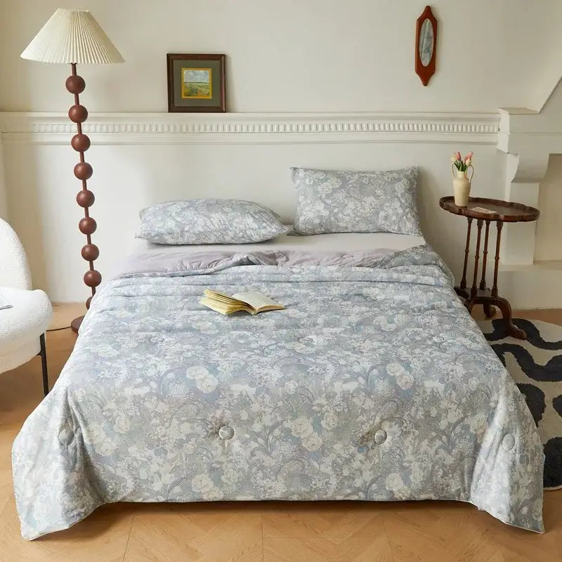 Floral teal & lavender knitted cotton print summer quilt bedroom blanket