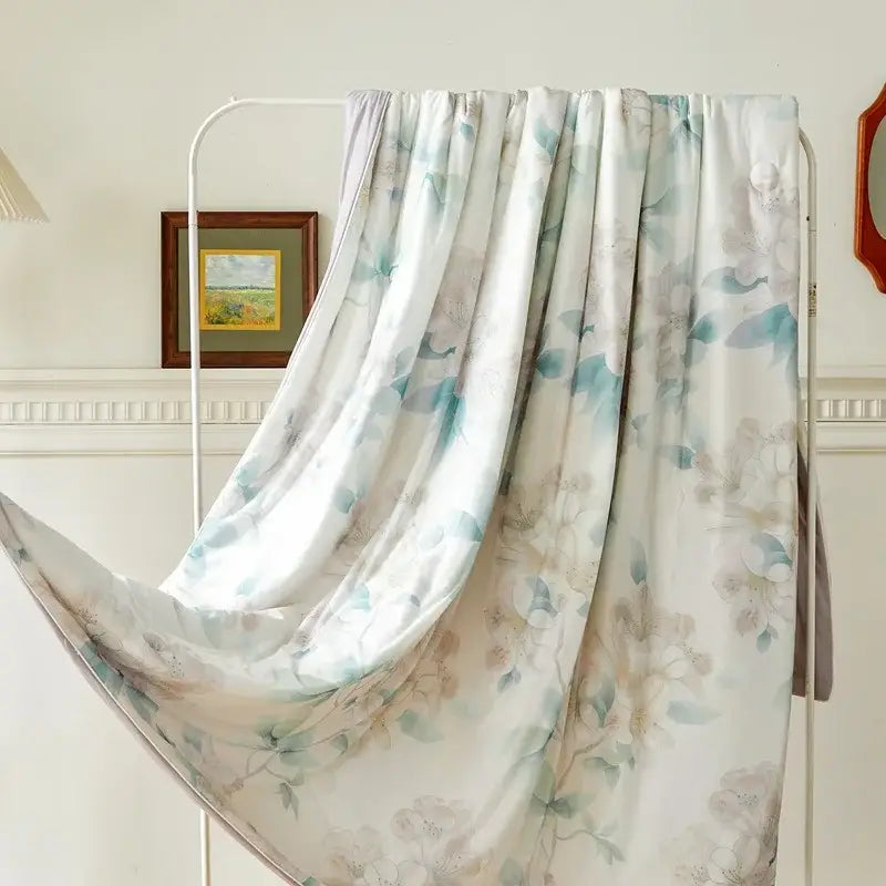 Floral teal & lavender knitted cotton print summer quilt bedroom blanket