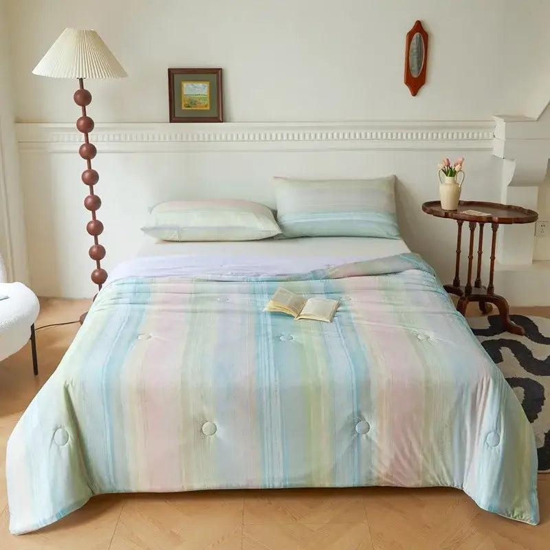 Floral teal & lavender knitted cotton print summer quilt bedroom blanket
