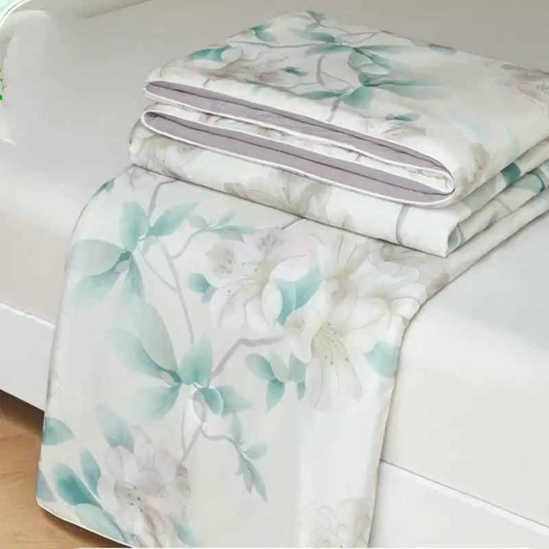 Floral teal & lavender knitted cotton print summer quilt bedroom blanket