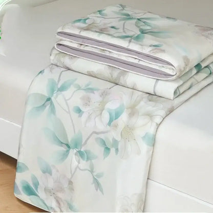 Floral teal & lavender knitted cotton print summer quilt bedroom blanket