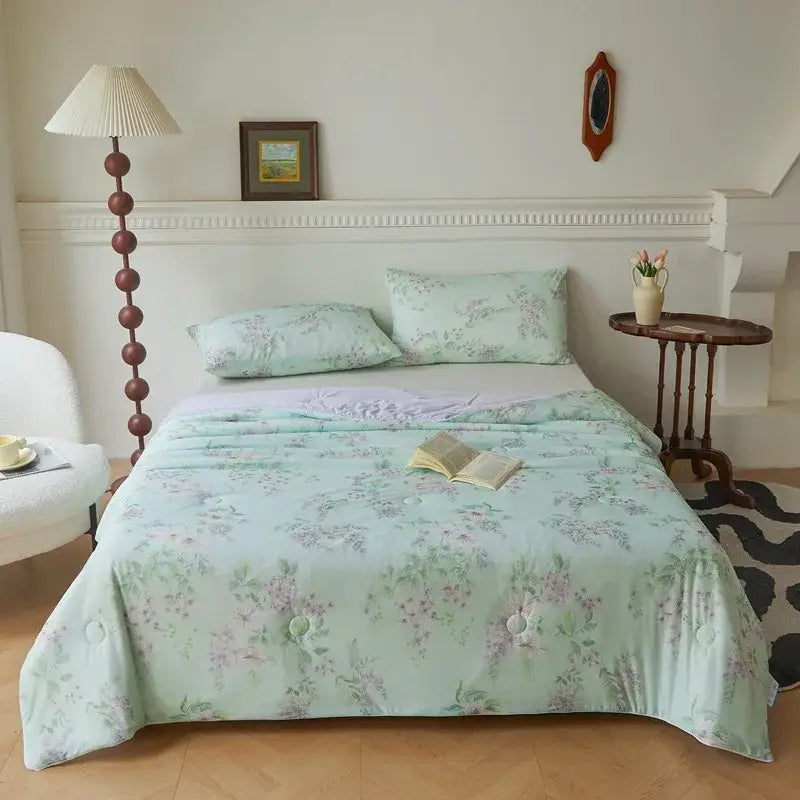Floral teal & lavender knitted cotton print summer quilt bedroom blanket