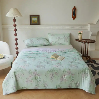 Floral teal & lavender knitted cotton print summer quilt bedroom blanket