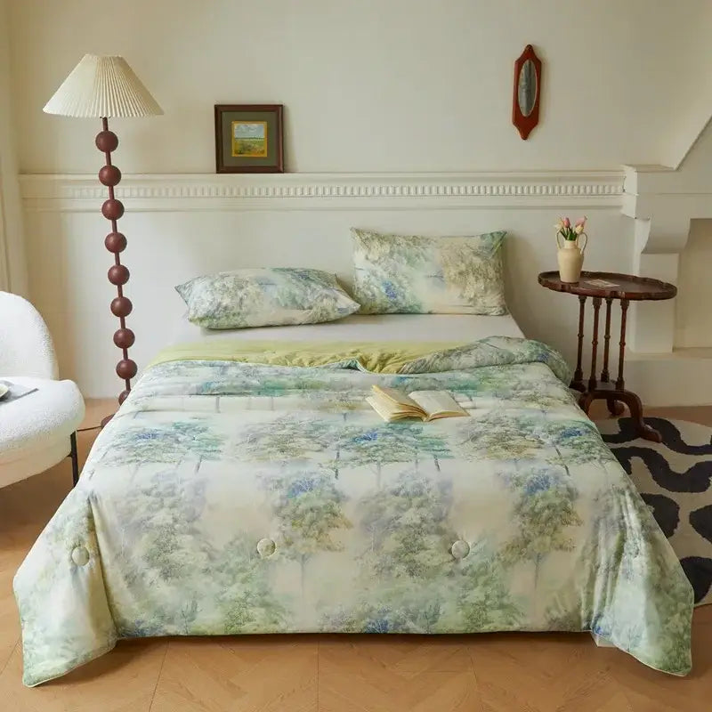 Floral teal & lavender knitted cotton print summer quilt bedroom blanket