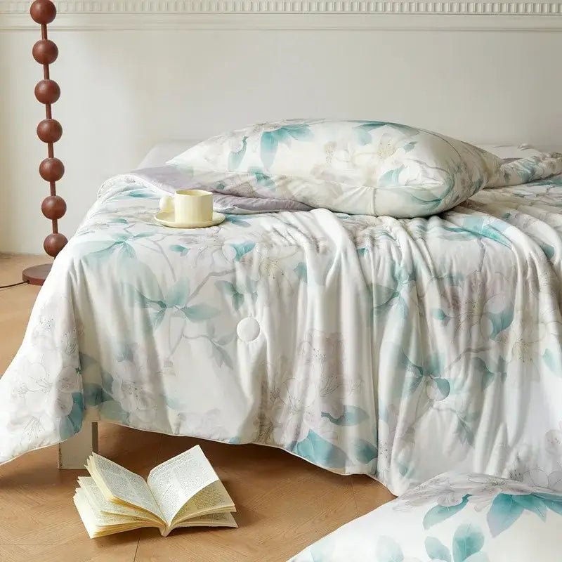 Floral teal & lavender knitted cotton print summer quilt bedroom blanket