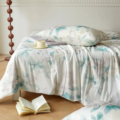 Floral teal & lavender knitted cotton print summer quilt bedroom blanket
