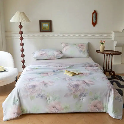 Floral teal & lavender knitted cotton print summer quilt bedroom blanket