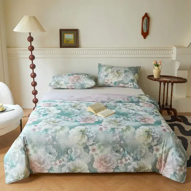 Floral teal & lavender knitted cotton print summer quilt bedroom blanket