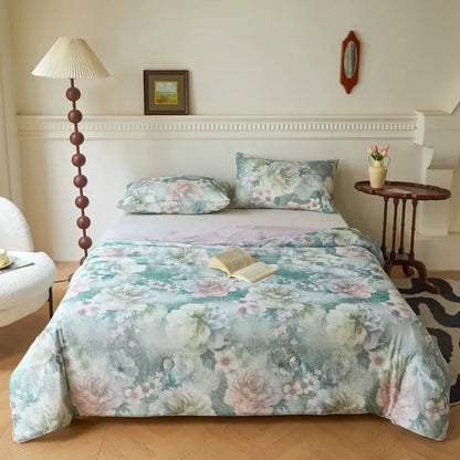 Floral teal & lavender knitted cotton print summer quilt bedroom blanket