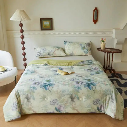 Floral teal & lavender knitted cotton print summer quilt bedroom blanket