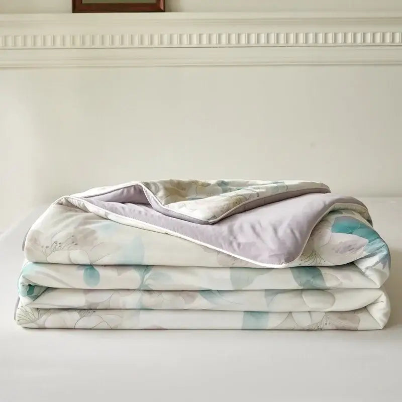 Floral teal & lavender knitted cotton print summer quilt bedroom blanket