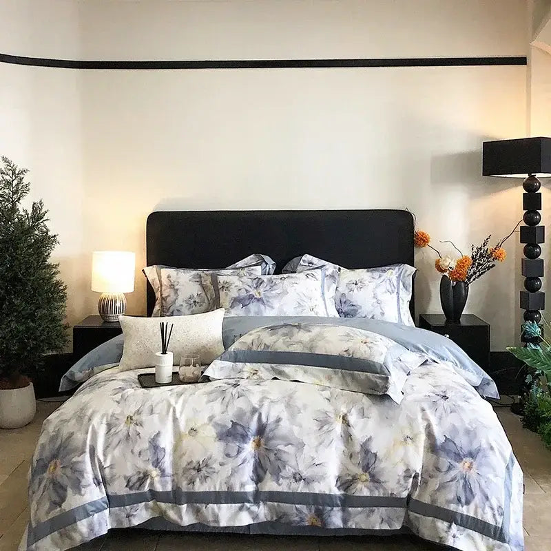Floral watercolor blue & white egyptian cotton bedding set bedroom