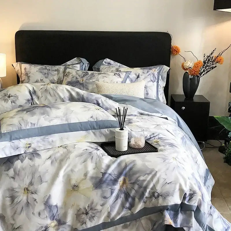 Floral watercolor blue & white egyptian cotton bedding set bedroom
