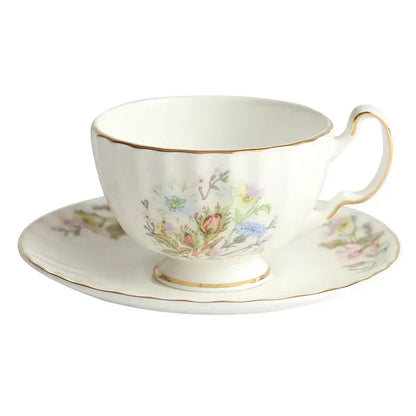 Floral white bone china tea cup set dining room gold rim drinkware