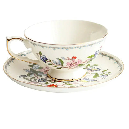 Floral white bone china tea cup set dining room gold rim drinkware