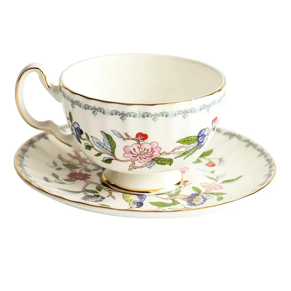 Floral white bone china tea cup set dining room gold rim drinkware