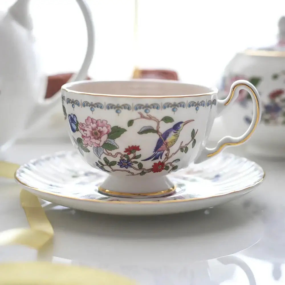 Floral white bone china tea cup set dining room gold rim drinkware