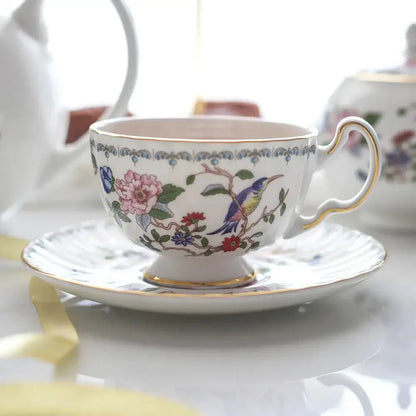 Floral white bone china tea cup set dining room gold rim drinkware