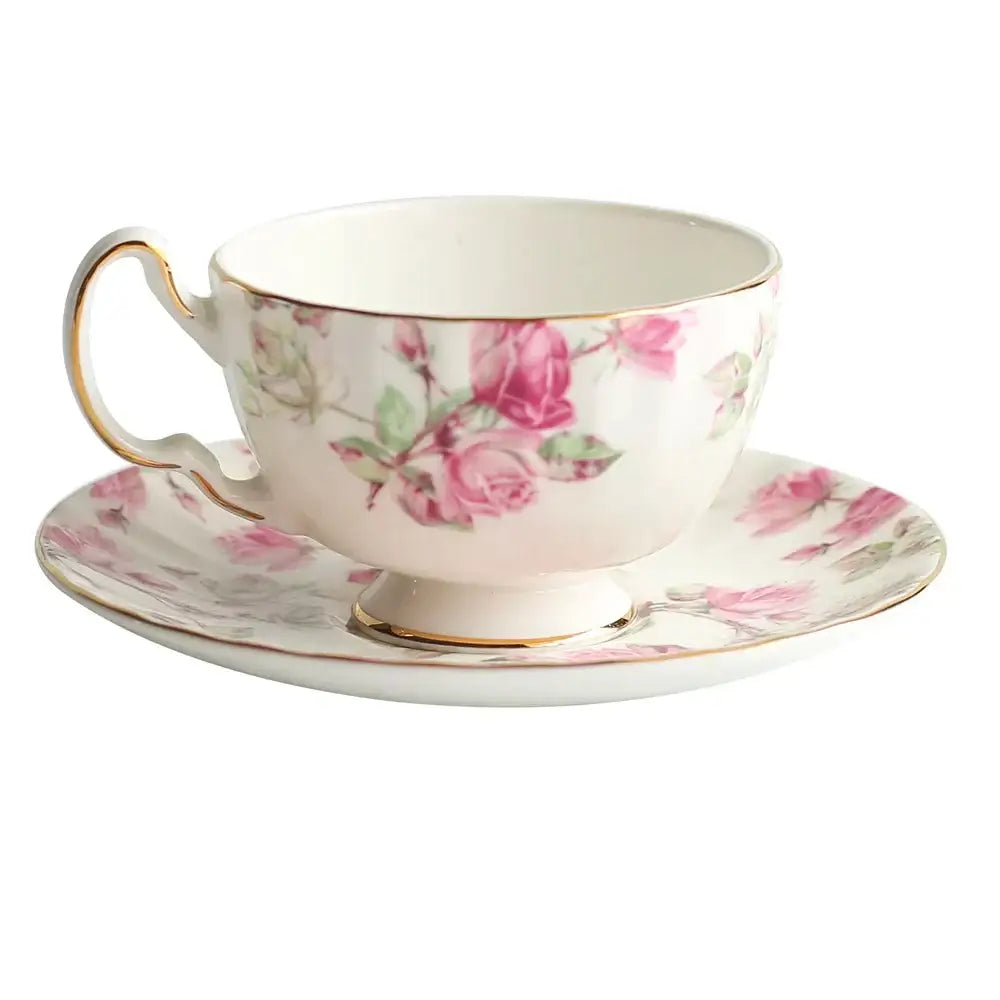 Floral white bone china tea cup set dining room gold rim drinkware