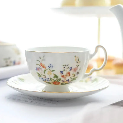 Floral white bone china tea cup set dining room gold rim drinkware