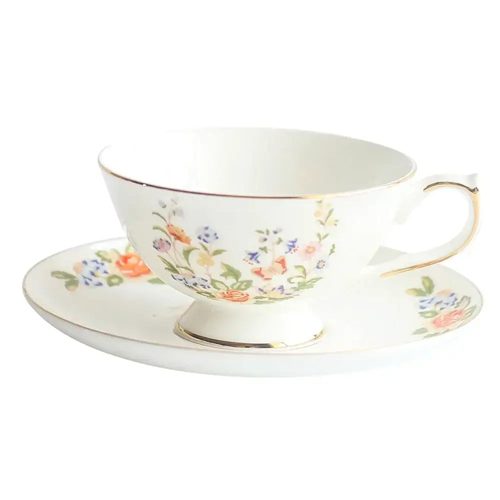 Floral white bone china tea cup set dining room gold rim drinkware
