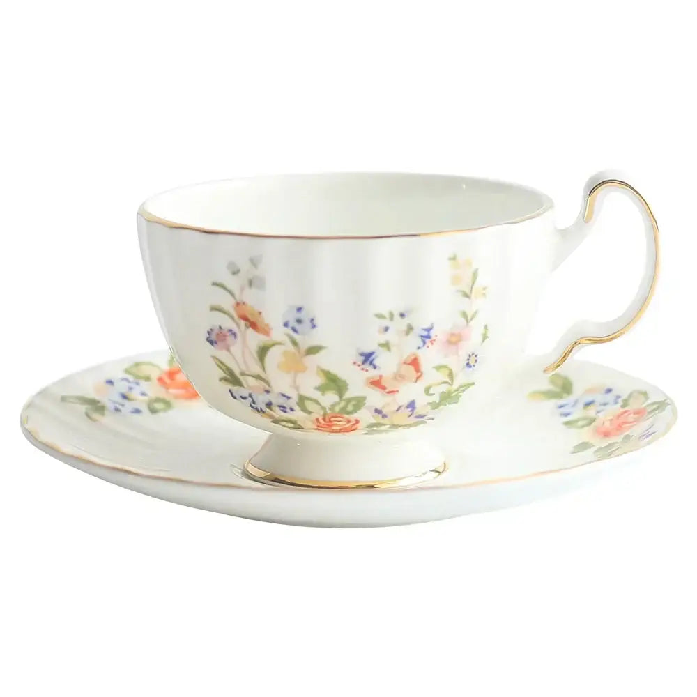 Floral white bone china tea cup set dining room gold rim drinkware